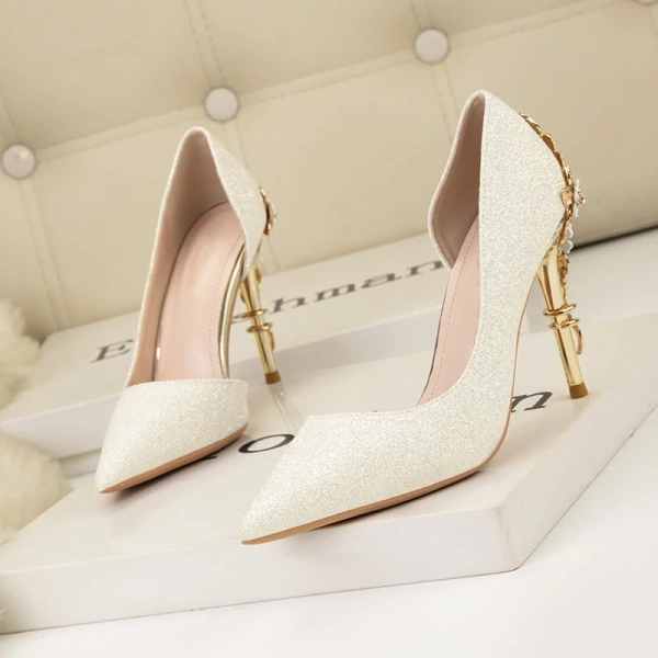 European and American Light Luxury Sexy Women's Shoes Metal Flower Pointed Stiletto High Heels Side Hollow Glitter Single Shoes - Image 4