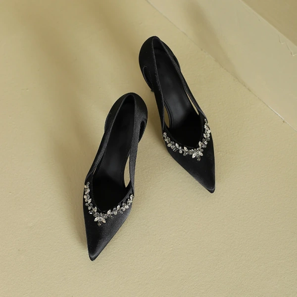 2025 Women's Spring and Autumn Fine Heels Sandals Luxury Rhinestone Fashion for Club Party Dating Pointed Hollow Design - Image 5