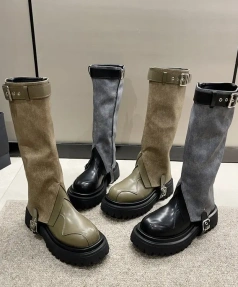 2025 New Pattern Fashion Retro Round Toe Thick Heeled Knight Boots Classic Metal Tower Buckle Two Wear Removable Cowboy Boots