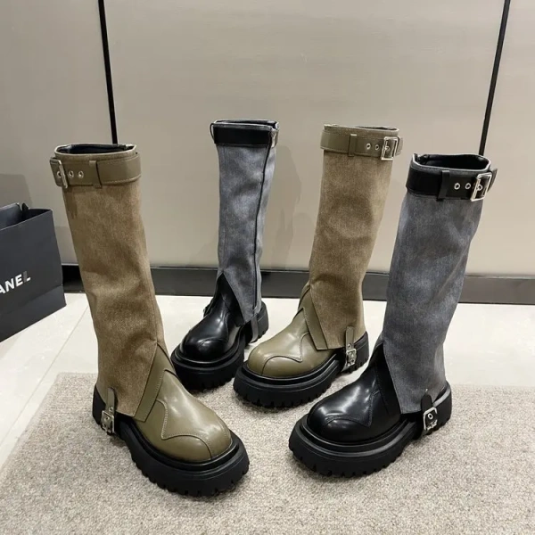 2025 New Pattern Fashion Retro Round Toe Thick Heeled Knight Boots Classic Metal Tower Buckle Two Wear Removable Cowboy Boots