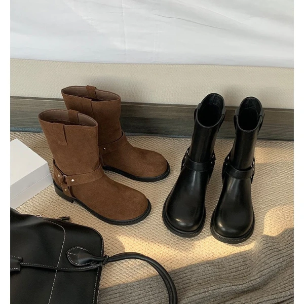 2025 New Fashionable Retro Metal Buckle Flat Bottom Short Boot Soft, Comfortable, Simple, Wide Tube Women's Short Boot - Image 6