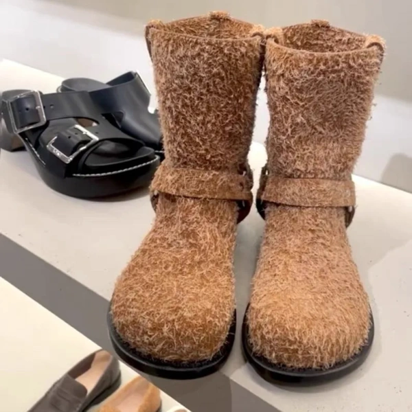 2025 New Retro Brown Biker Boot Low Heel Round Head Middle Tube Belt Buckle Knight Boot Flat Bottomed Short Canister Boot