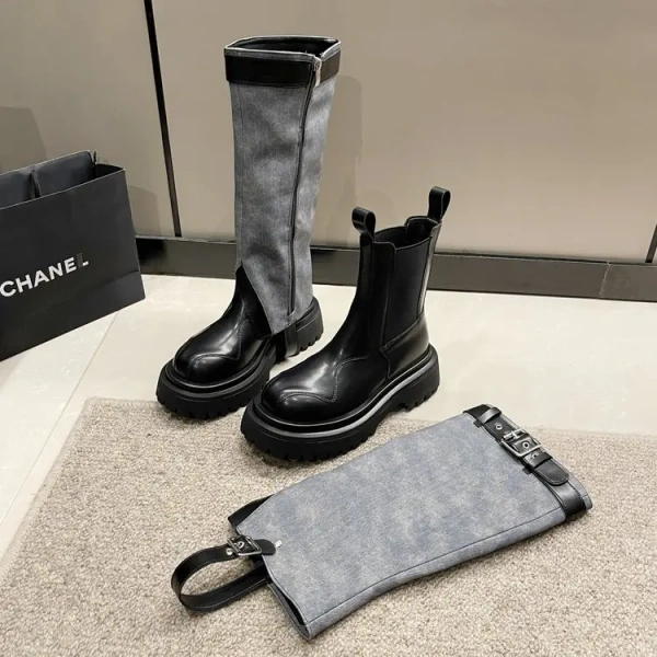 2025 New Pattern Fashion Retro Round Toe Thick Heeled Knight Boots Classic Metal Tower Buckle Two Wear Removable Cowboy Boots - Image 5