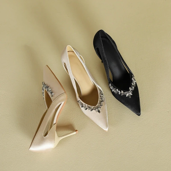 2025 Women's Spring and Autumn Fine Heels Sandals Luxury Rhinestone Fashion for Club Party Dating Pointed Hollow Design - Image 4