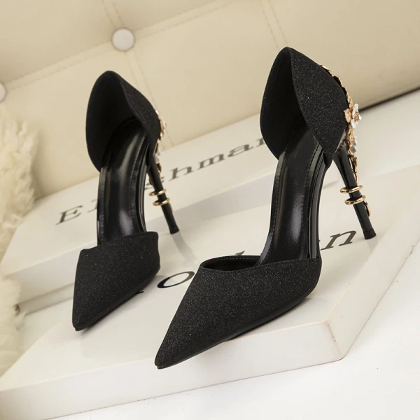 European and American Light Luxury Sexy Women's Shoes Metal Flower Pointed Stiletto High Heels Side Hollow Glitter Single Shoes - Image 6