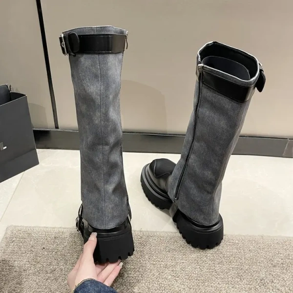 2025 New Pattern Fashion Retro Round Toe Thick Heeled Knight Boots Classic Metal Tower Buckle Two Wear Removable Cowboy Boots - Image 2