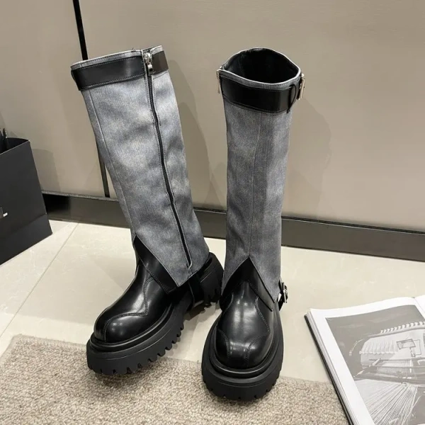 2025 New Pattern Fashion Retro Round Toe Thick Heeled Knight Boots Classic Metal Tower Buckle Two Wear Removable Cowboy Boots - Image 4