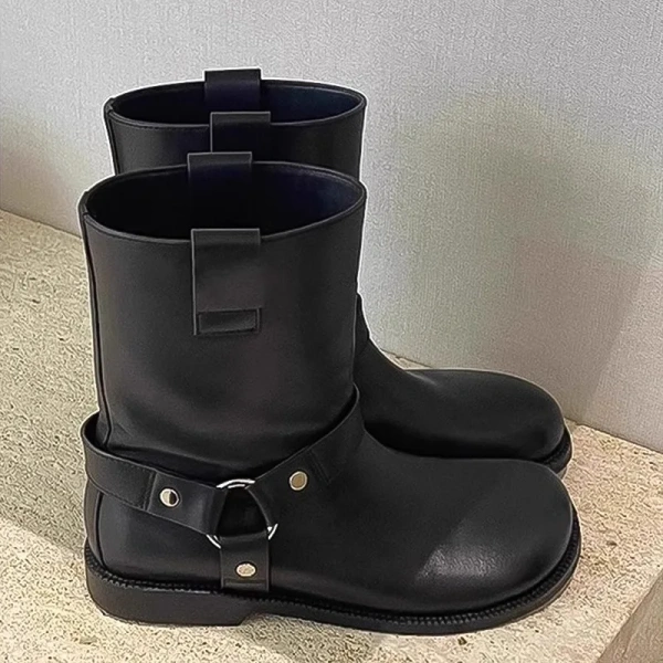 2025 New Retro Brown Biker Boot Low Heel Round Head Middle Tube Belt Buckle Knight Boot Flat Bottomed Short Canister Boot - Image 6