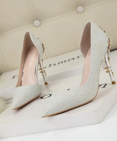 European and American Light Luxury Sexy Women's Shoes Metal Flower Pointed Stiletto High Heels Side Hollow Glitter Single Shoes