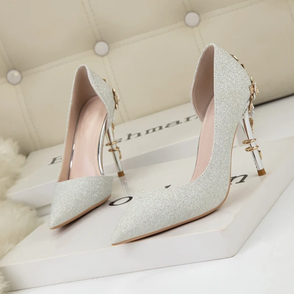 European and American Light Luxury Sexy Women's Shoes Metal Flower Pointed Stiletto High Heels Side Hollow Glitter Single Shoes