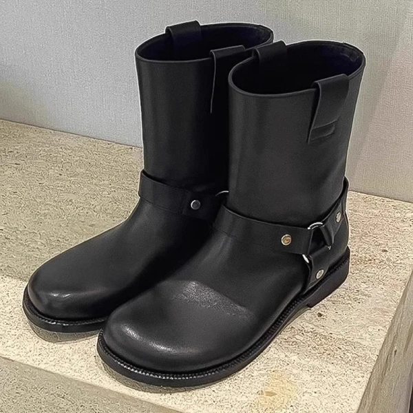 2025 New Retro Brown Biker Boot Low Heel Round Head Middle Tube Belt Buckle Knight Boot Flat Bottomed Short Canister Boot - Image 4