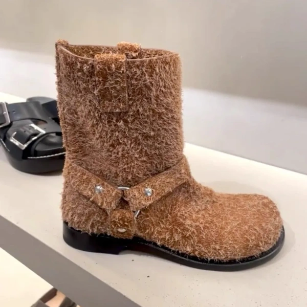 2025 New Retro Brown Biker Boot Low Heel Round Head Middle Tube Belt Buckle Knight Boot Flat Bottomed Short Canister Boot - Image 2