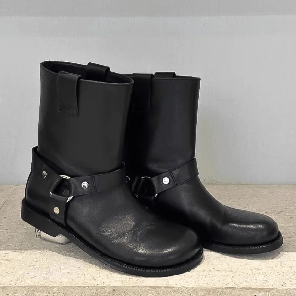 2025 New Retro Brown Biker Boot Low Heel Round Head Middle Tube Belt Buckle Knight Boot Flat Bottomed Short Canister Boot - Image 3