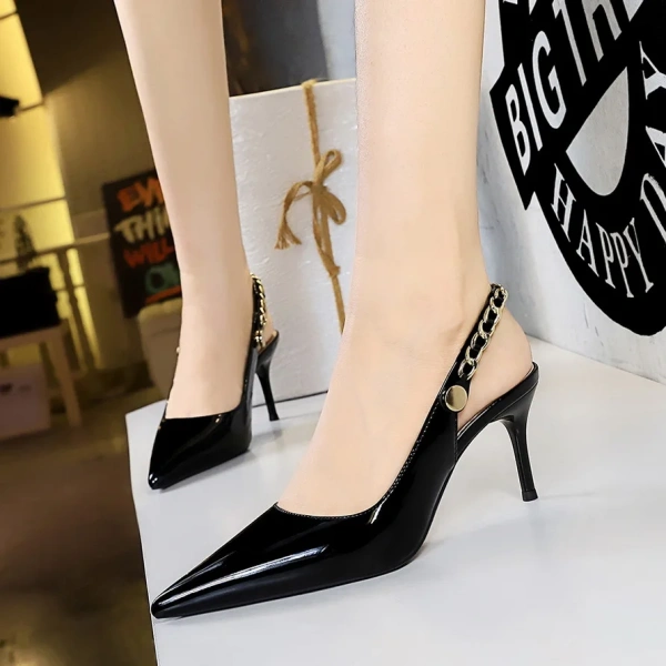 2025 New Fashionable Banquet Women's Shoes with Pointed Hollow Lacquer Leather Metal Chain Rear Tripping Buckle High Heels - Image 3