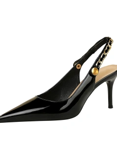 2025 New Fashionable Banquet Women's Shoes with Pointed Hollow Lacquer Leather Metal Chain Rear Tripping Buckle High Heels