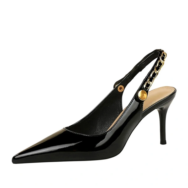 2025 New Fashionable Banquet Women's Shoes with Pointed Hollow Lacquer Leather Metal Chain Rear Tripping Buckle High Heels