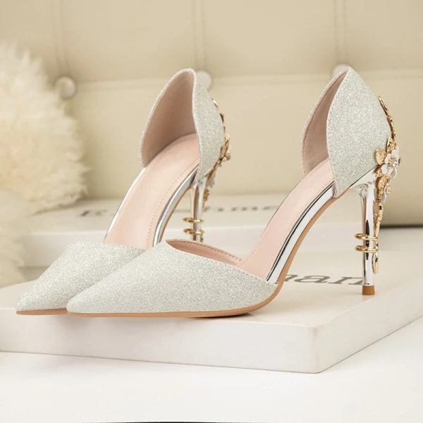 European and American Light Luxury Sexy Women's Shoes Metal Flower Pointed Stiletto High Heels Side Hollow Glitter Single Shoes - Image 3