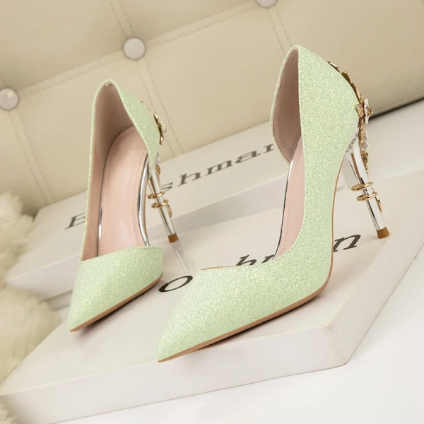 European and American Light Luxury Sexy Women's Shoes Metal Flower Pointed Stiletto High Heels Side Hollow Glitter Single Shoes - Image 2