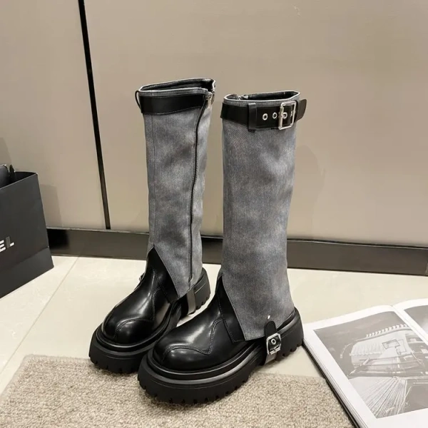 2025 New Pattern Fashion Retro Round Toe Thick Heeled Knight Boots Classic Metal Tower Buckle Two Wear Removable Cowboy Boots - Image 6